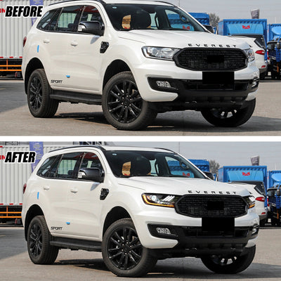 Avant et après la pose des phares LED sur un Ford Everest blanc