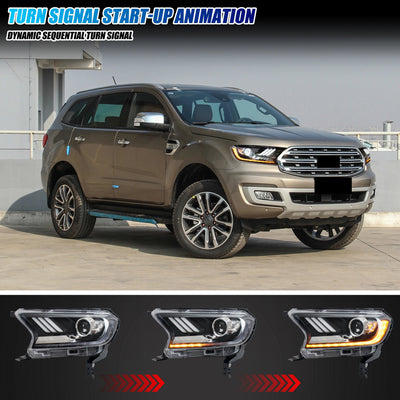 Clignotant séquentiel du phare LED Ranger en trois étapes sur un Ford Everest doré