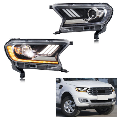 Paire de phares LED Ford Ranger T7 T8 avec bandeau de feux de jour et clignotant ambre
