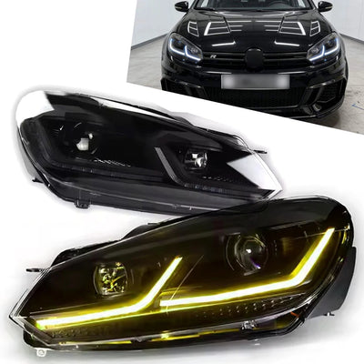 Phares LED Golf 6 avec liseré ambre allumé et Golf 6 noire en arrière-plan