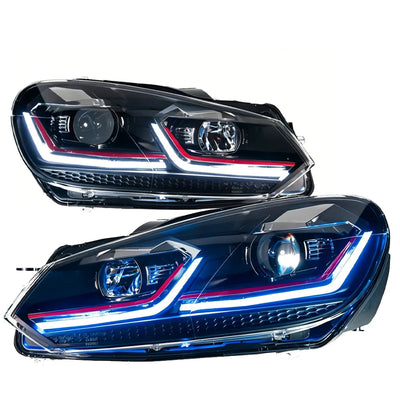 Phares LED Golf 6 à liseré rouge et feux de jour bleutés
