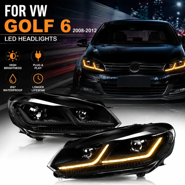 Phares LED Golf 6 présentés par paire, avec une Golf 6 noire aux feux de jour allumés