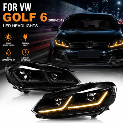 Phares LED Golf 6 présentés par paire, avec une Golf 6 noire aux feux de jour allumés