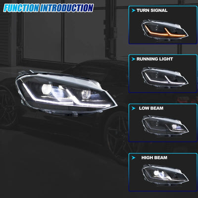 Fonctions du phare LED Golf 7 : clignotant, feux de jour, croisement et route