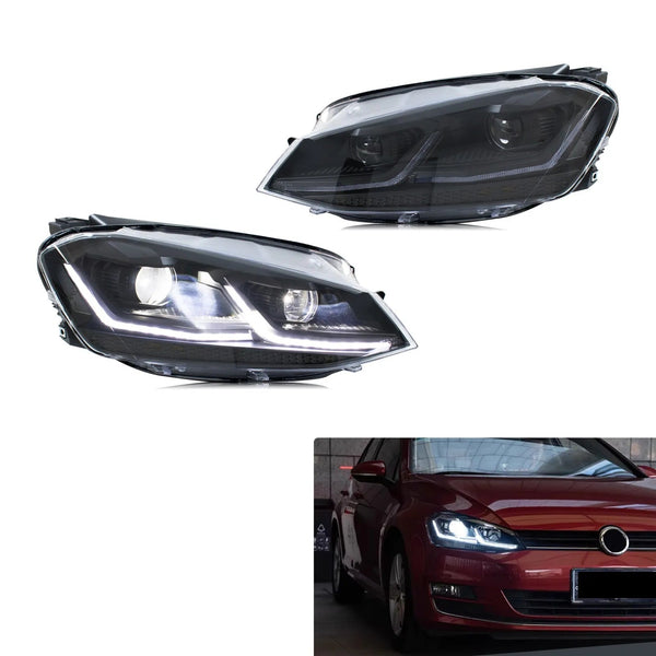 Paire de phares LED Golf 7 à bandeau blanc en L, avec une Golf rouge en fond