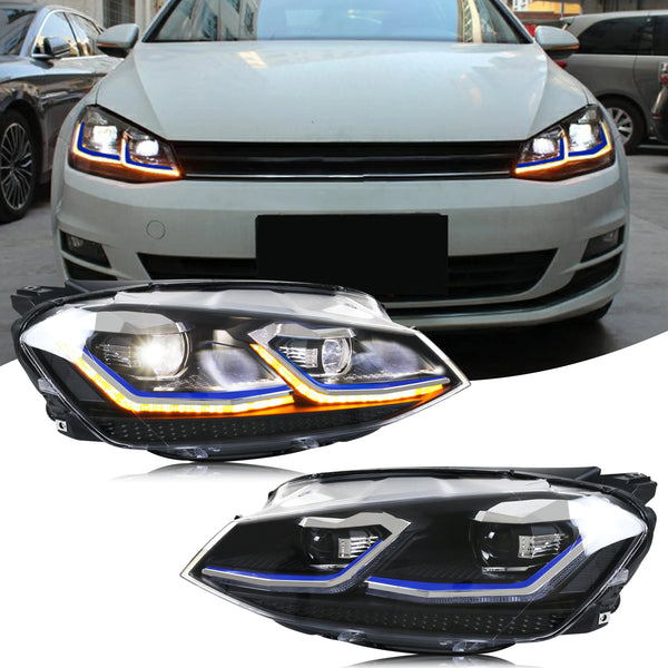 Paire de phares LED Golf 7 à liseré bleu, avec une Golf blanche en fond