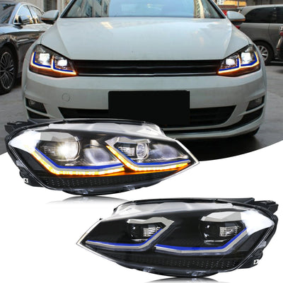 Paire de phares LED Golf 7 à liseré bleu, avec une Golf blanche en fond