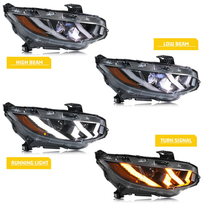 Phare LED Honda Civic 10 en feux de route, croisement, feux de jour et clignotant