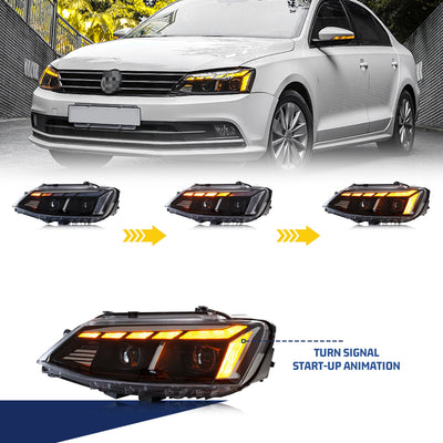 Clignotant séquentiel ambre du phare LED sur une Volkswagen Jetta blanche