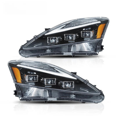 Phares LED Lexus IS 250 éteints, boîtier noir et cabochon ambre