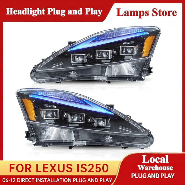Paire de phares LED Lexus IS 250 à trois projecteurs et bandeau lumineux bleu