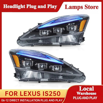 Paire de phares LED Lexus IS 250 à trois projecteurs et bandeau lumineux bleu