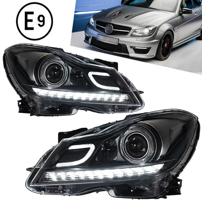 Paire de phares LED Mercedes Classe C W204 à feux de jour en C et réglette de diodes