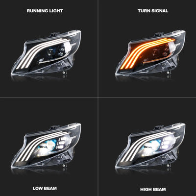 Phare LED Vito en feux de jour, clignotant ambre, feux de croisement et de route