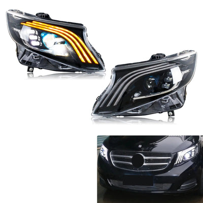 Paire de phares LED Mercedes Vito W447, l'un en clignotant ambre, l'autre en feux de jour