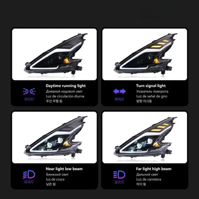 Phare LED 370Z en feux de jour, clignotant ambre, croisement et route