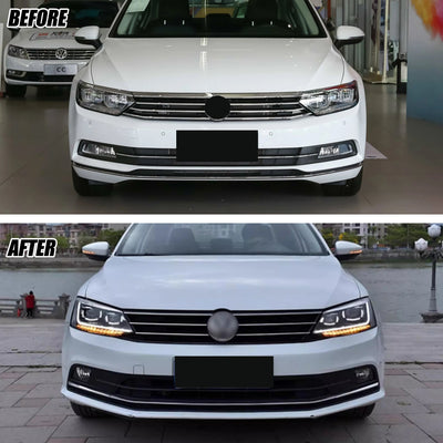 Avant et après le montage des phares LED sur une Volkswagen Passat B8 blanche