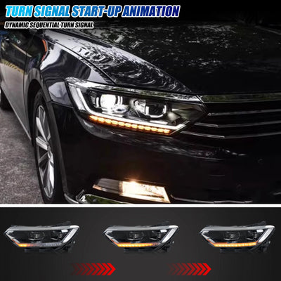 Clignotant séquentiel ambre du phare LED sur une Volkswagen Passat B8 noire