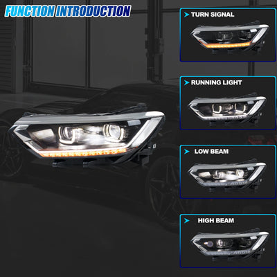 Fonctions du phare LED Passat B8 : clignotant, feux de jour, croisement et route