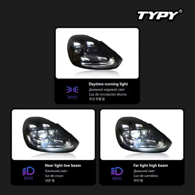 Phare LED Cayenne en feux de jour, feux de croisement et feux de route