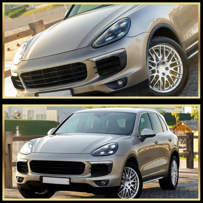 Porsche Cayenne beige équipé des phares LED, vu de face et de trois quarts