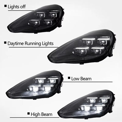 Phare LED matrix Cayenne éteint, en feux de jour, en croisement et en route