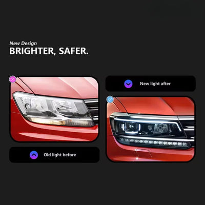 Phare halogène d'origine du Tiguan comparé au phare LED à double U