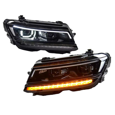 Phares LED Tiguan vus de trois quarts, feux de jour et clignotant ambre