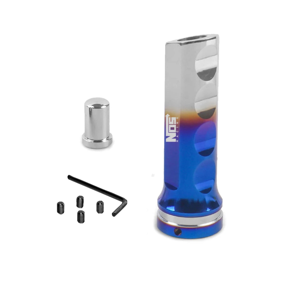 Poignée de frein à main JDM finition bleu brûlé dégradée vers le chrome, embout argent