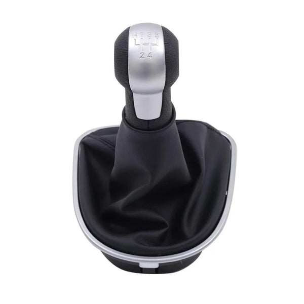 Pommeau de vitesse Seat Altea XL pour boîte 5 vitesses, cuir noir et casquette alu, avec soufflet et cadre chromé