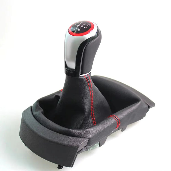 Pommeau de vitesse Seat Ibiza 6L FR pour boîte 5 vitesses, tête bicolore chrome et noir à cerclage rouge, soufflet à surpiqûres rouges et embase