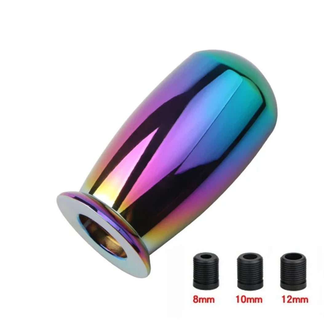 Pommeau de vitesse tuning en aluminium cylindrique neo chrome – 3 adaptateurs universels inclus.