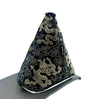 Soufflet de levier de vitesse JDM motif E, dragons dorés brodés sur satin noir
