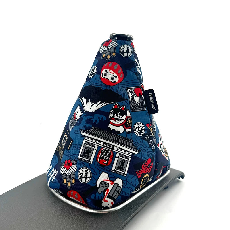 Soufflet de levier de vitesse JDM motif G, maneki-neko et lanternes sur fond bleu