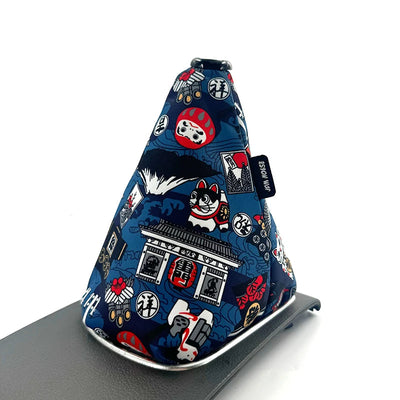 Soufflet de levier de vitesse JDM motif G, maneki-neko et lanternes sur fond bleu