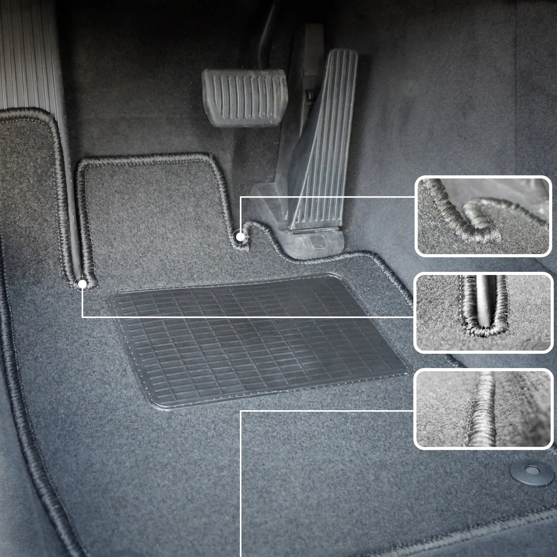 Tapis de sol voiture sur mesure posé côté conducteur, détails de la bordure et de la talonnette