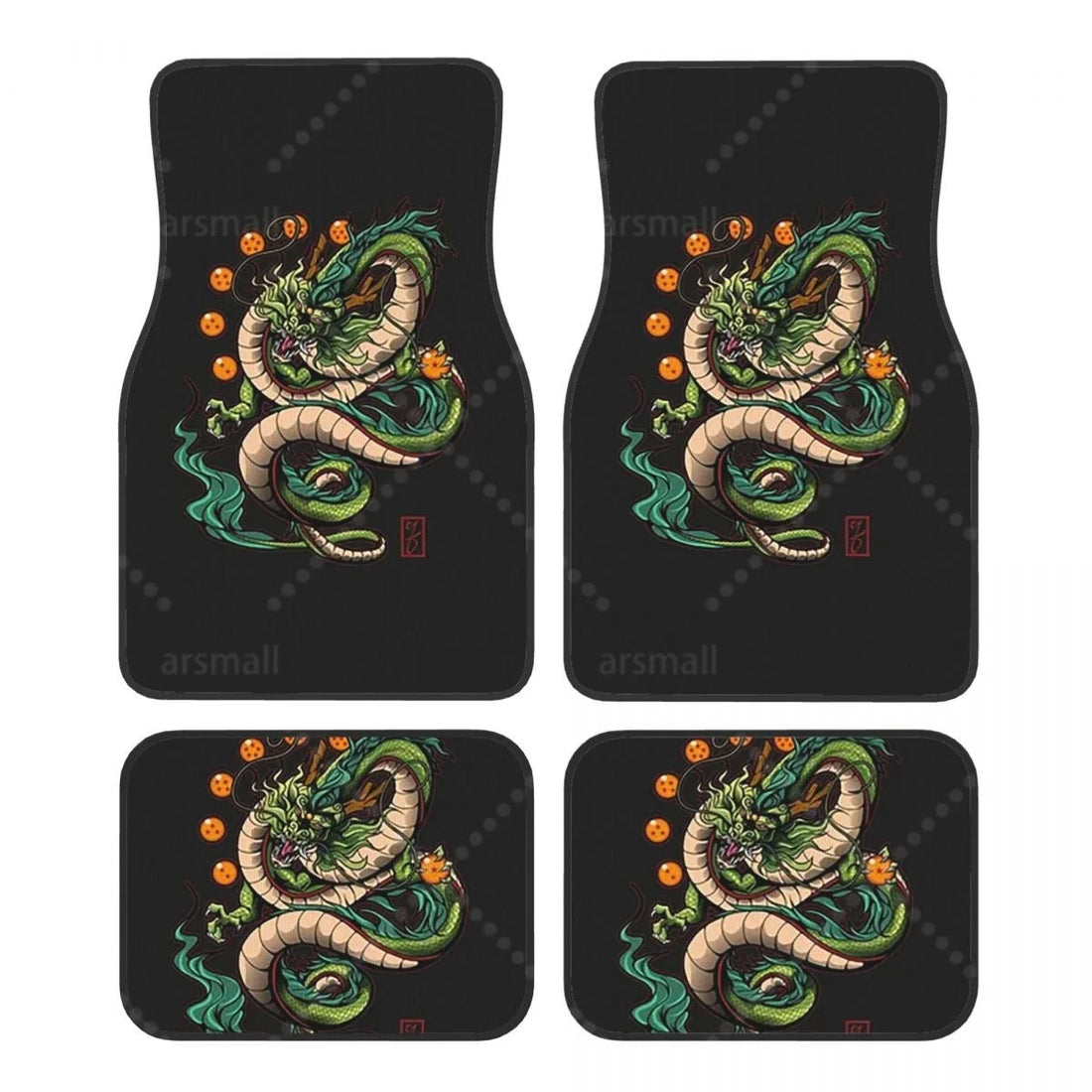 Tapis de sol voiture dragon vert sur fond noir, jeu de 4 pièces