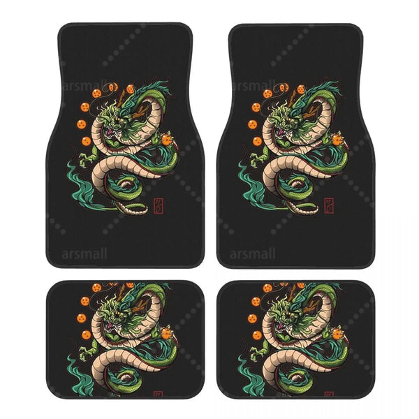 Tapis de sol voiture dragon vert sur fond noir, jeu de 4 pièces
