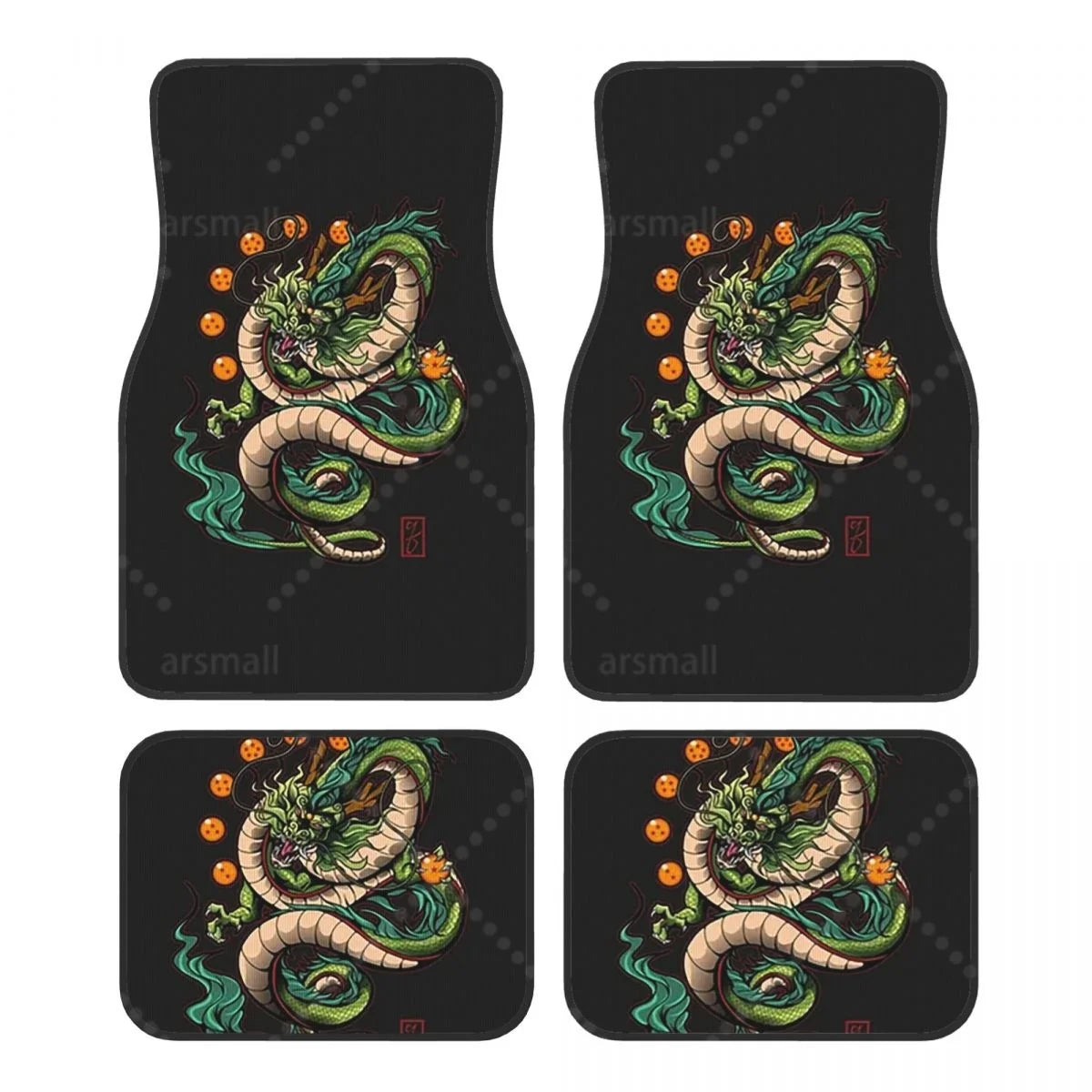 Tapis de sol voiture dragon vert sur fond noir, jeu de 4 pièces