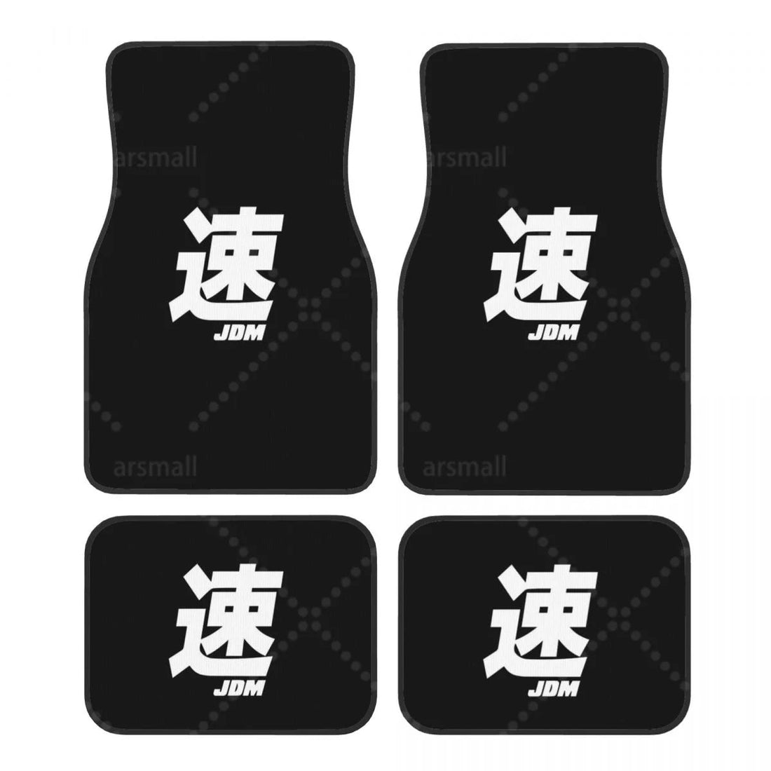 Tapis de sol voiture JDM au kanji sur fond noir, jeu de 4 pièces