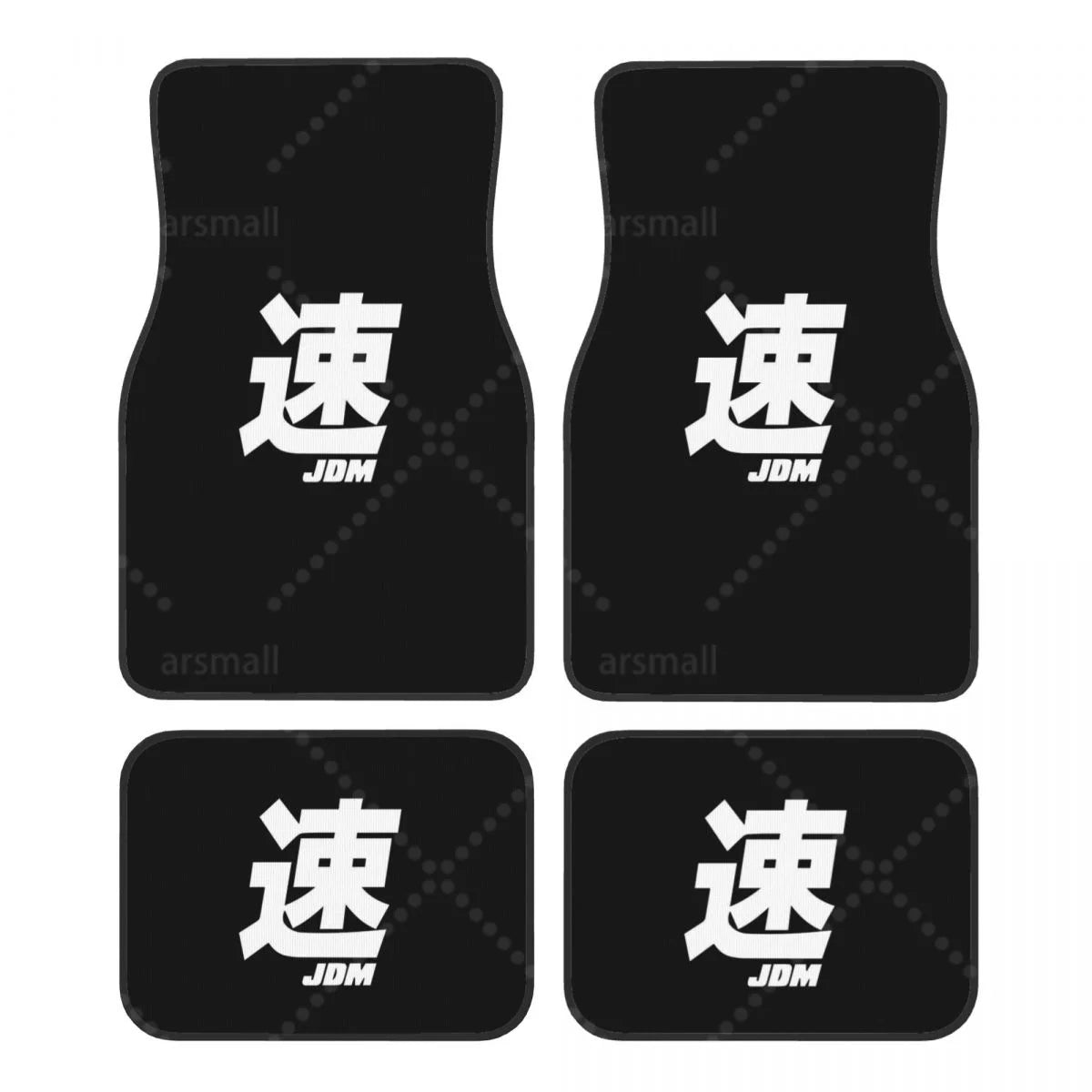 Tapis de sol voiture JDM au kanji sur fond noir, jeu de 4 pièces