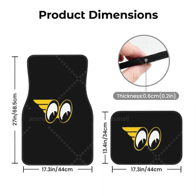 Dimensions du tapis de sol voiture Moon Eyes : avant 68,5 x 44 cm, arrière 44 x 34 cm