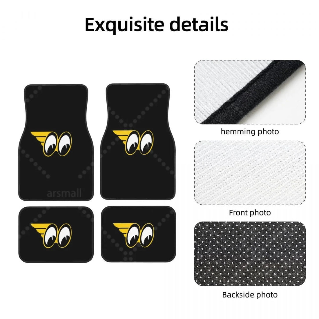 Détails de finition et surpiqûre du tapis de sol voiture Moon Eyes