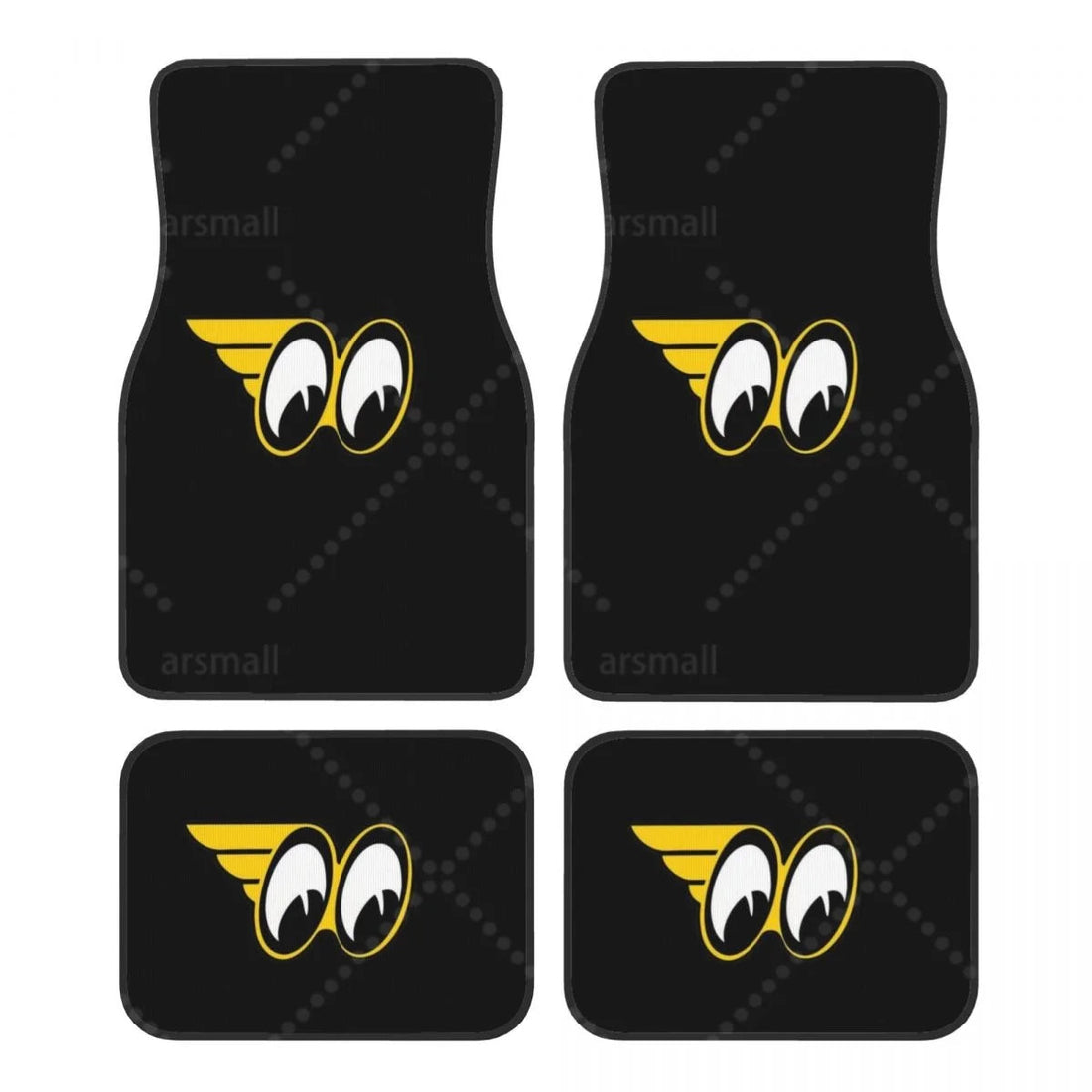 Tapis de sol voiture Moon Eyes, logo jaune sur fond noir, jeu de 4 pièces