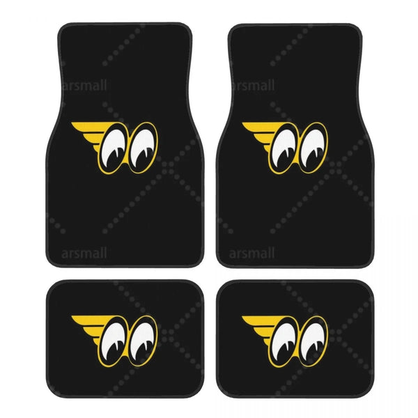 Tapis de sol voiture Moon Eyes, logo jaune sur fond noir, jeu de 4 pièces
