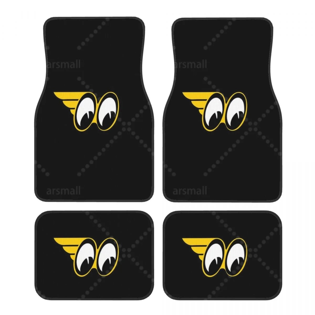 Tapis de sol voiture Moon Eyes, logo jaune sur fond noir, jeu de 4 pièces