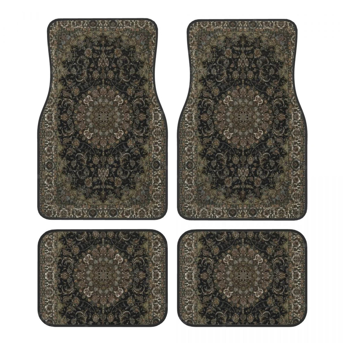 Tapis de sol voiture persan à médaillon beige et olive sur fond noir