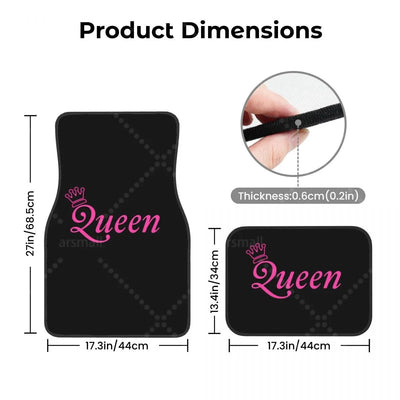 Dimensions du tapis de sol voiture Queen : avant 68,5 x 44 cm, arrière 44 x 34 cm