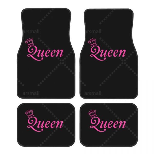 Tapis de sol voiture Queen, lettrage rose fuchsia sur fond noir, jeu de 4 pièces