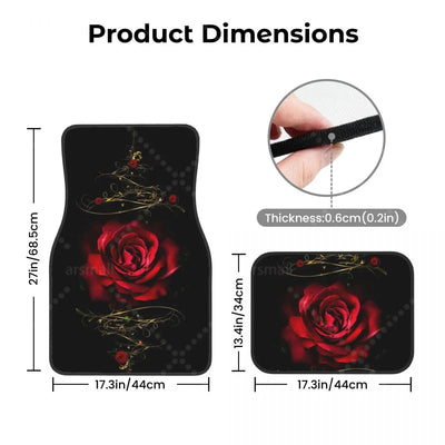 Cotes du tapis de sol voiture motif rose : avant 68,5 x 44 cm, arrière 44 x 34 cm